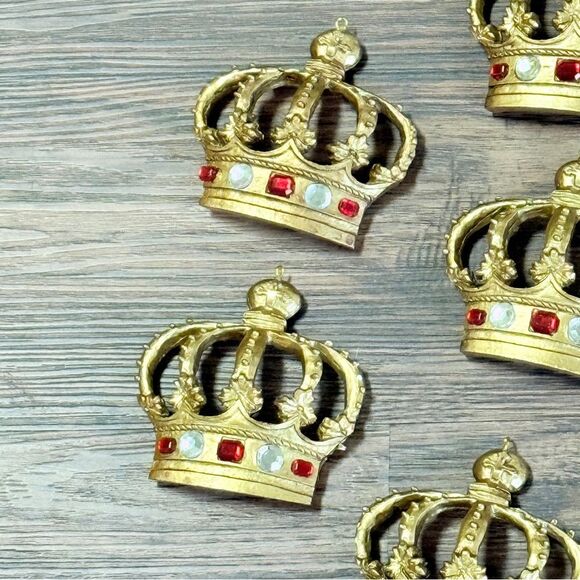 Vintage Set of 14 Gold Crown Ornaments Gold with Green Red And Clear Gem Accents - Picture 9 of 15